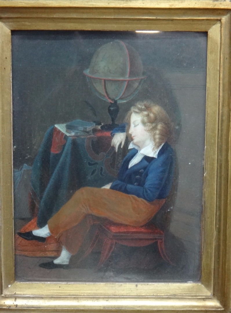 Appraisal: English School c An interior scene with boy sleeping watercolour