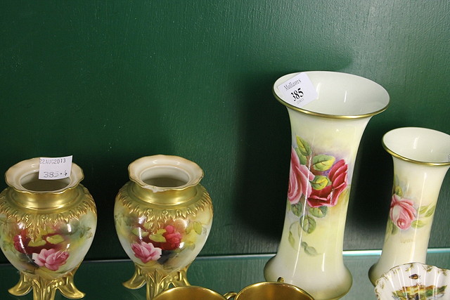 Appraisal: TWO ROYAL WORCESTER BLUSH IVORY SPILL VASES each painted with