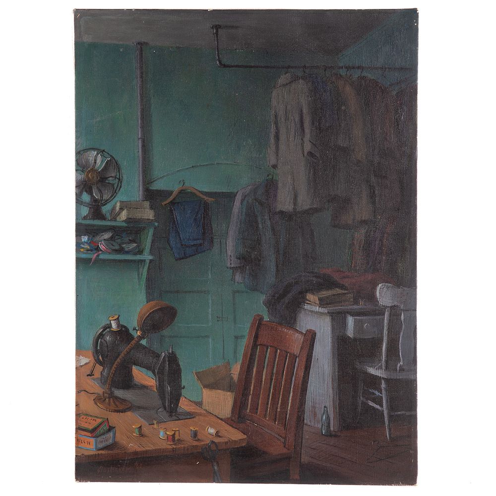 Appraisal: Jacob Glushakow Tailor Shop oil on canvas American - Signed