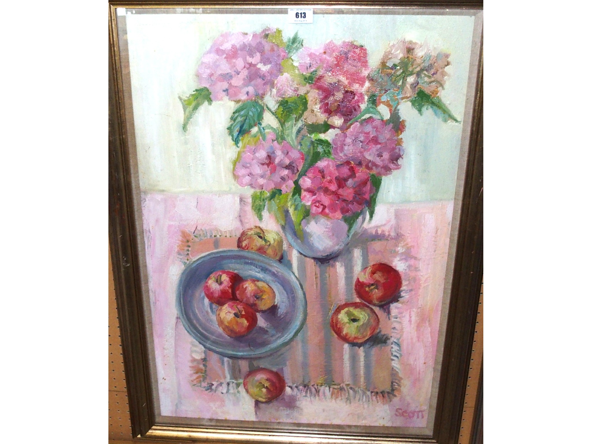 Appraisal: FREIDA SCOTT Still life with flowers and apples signed oil