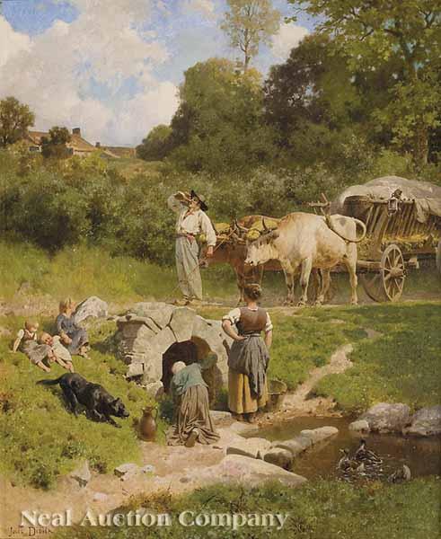 Appraisal: Jules Didier French - Farmer with Ox-Wagon by a Stream