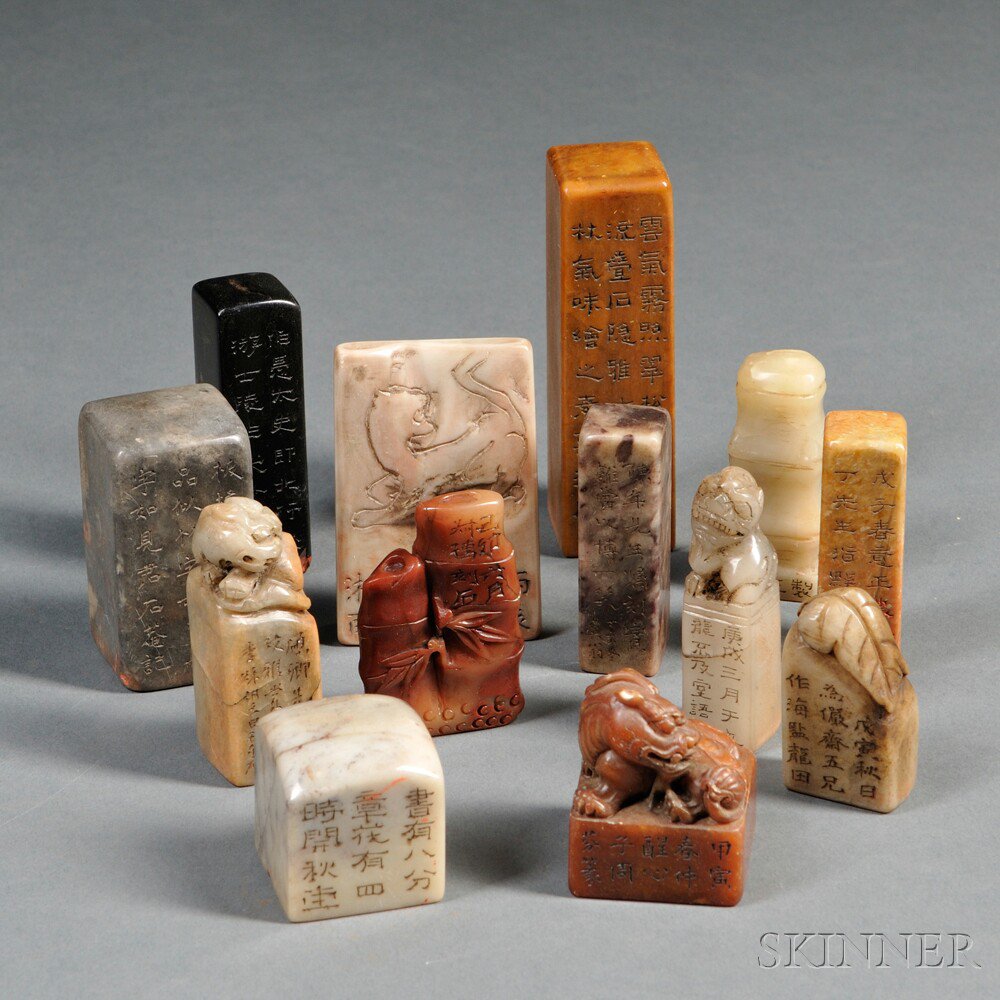 Appraisal: Thirteen Carved Stone Seals China mostly rectangular with inscriptions and