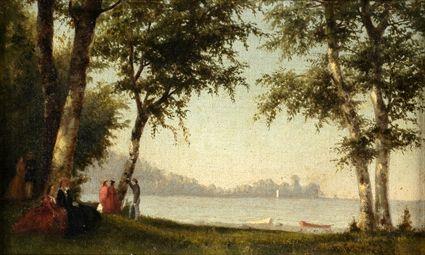 Appraisal: WORTHINGTON WHITTREDGE - FIGURES BESIDE A LAKE Oil on canvas