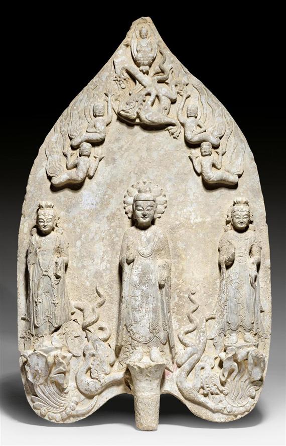 Appraisal: A GREY LIMESTONE STELE OF BUDDHA WITH TWO BODHISATTVAS China