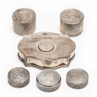 Appraisal: Six Inset Coin Silver Boxes two with Portuguese silver coins