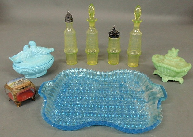 Appraisal: Blue pressed glass tray x milk glass covered boxes green