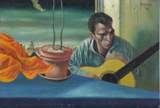 Appraisal: ROCKMORE Noel Oil on Board Man with Guitar Noel Rockmore