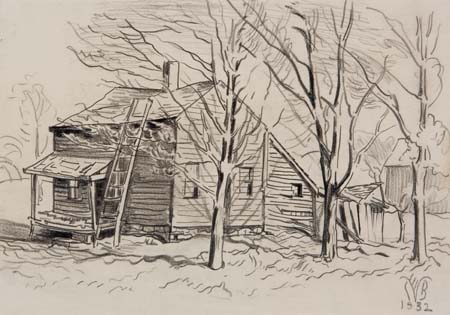 Appraisal: CHARLES BURCHFIELD Old Farmhouse and Trees Crayon on paper x