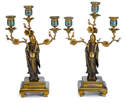 Appraisal: Pair of French enameled and gilt metal 'chinoiserie' candelabrum early