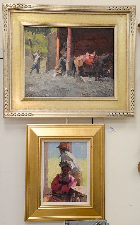 Appraisal: Two Jove Wang b paintings including an oil on board