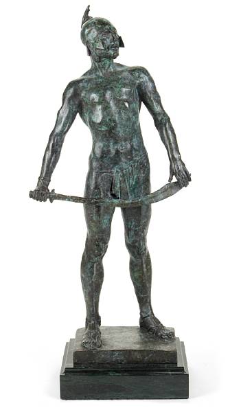 Appraisal: An English patinated bronze figure The Challenger after a model