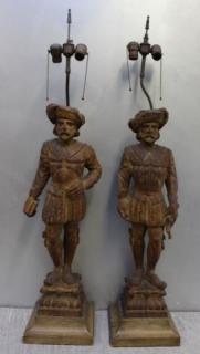 Appraisal: Pair of Antique Spanish Carved Wood Figural Lamps From an