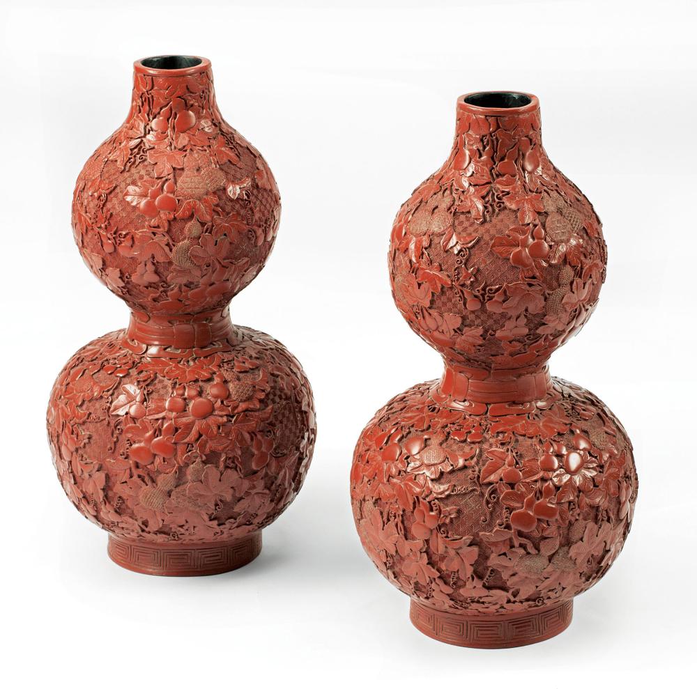 Appraisal: Pair of Chinese Red Lacquer Double Gourd Vases molded with