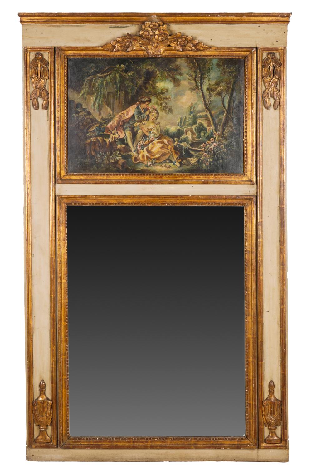 Appraisal: LOUIS XVI STYLE PAINTED GILT TRUMEAU MIRROR th Century Condition