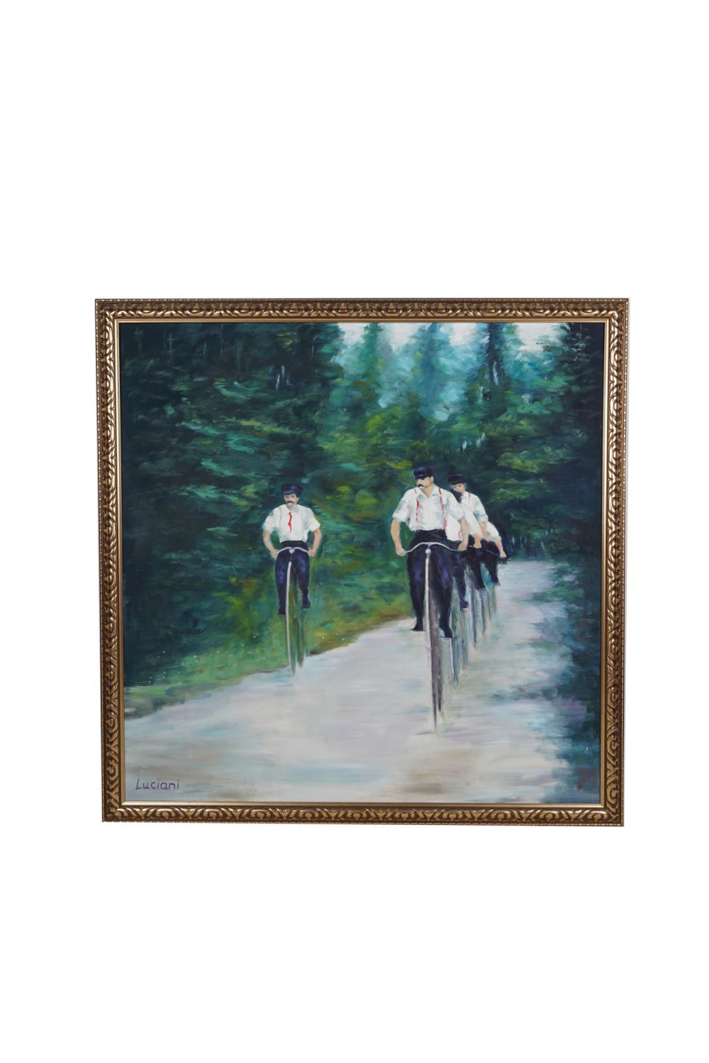 Appraisal: LUCIANI MEN ON BICYCLESoil on canvas signed lower left x