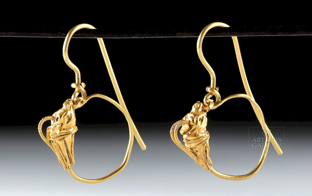 Appraisal: Greek Hellenistic k Gold Earrings w Gazelles g Greece Hellenistic