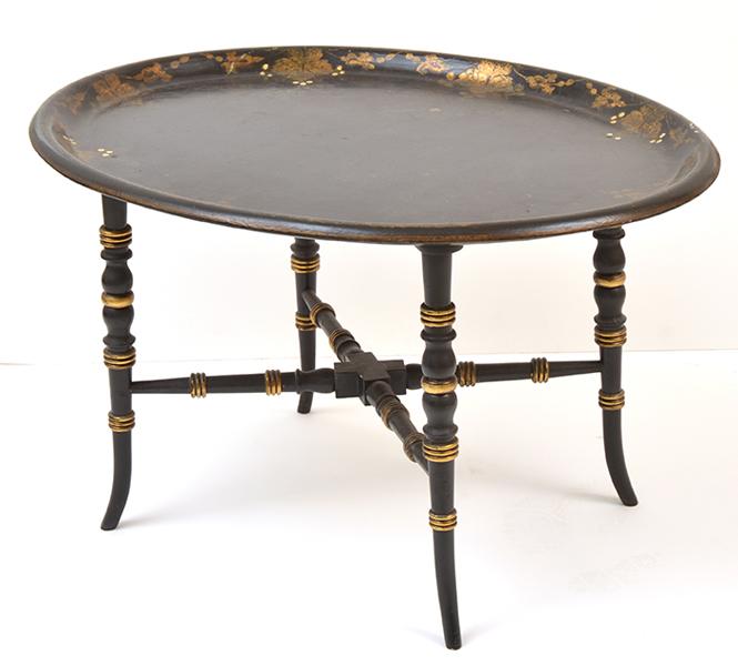 Appraisal: A VICTORIAN PAPIER MACHE TRAY ATTACHED TO A LATER EBONISED