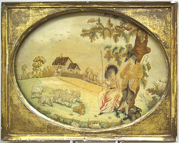 Appraisal: An English silk chenille and painted oval picture late th