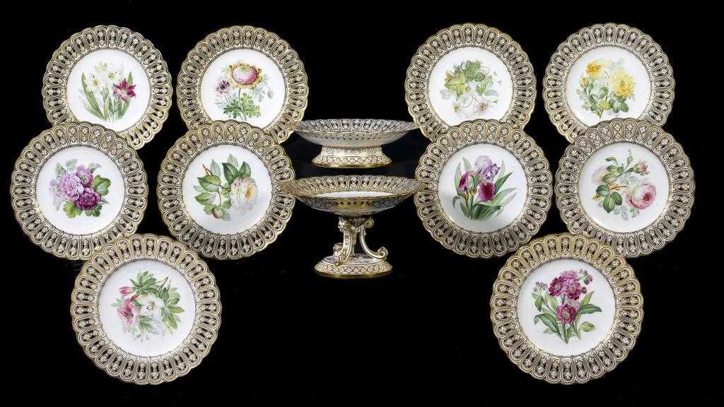 Appraisal: A MINTON BOTANICAL DESSERT SERVICE of Stafford Pierced shape painted