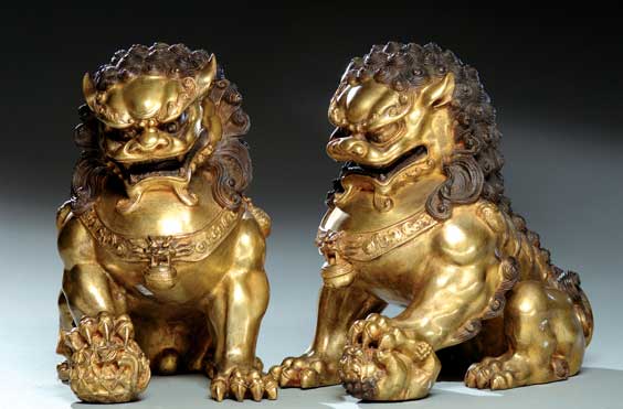 Appraisal: PAIR GILT BRONZE LIONS Pair of well cast Chinese gilt