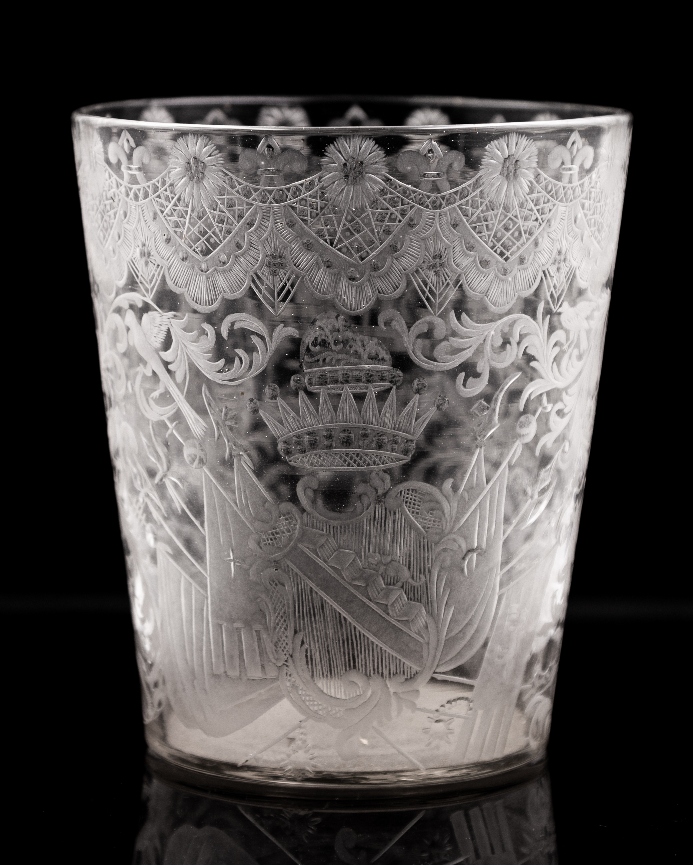 Appraisal: EARLY CONTINENTAL ENGRAVED ARMORIAL GLASS BEAKER copper-wheel engraved with royal