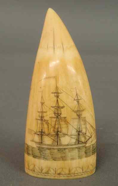 Appraisal: Ivory whale's tooth scrimshaw mid- th c with an American