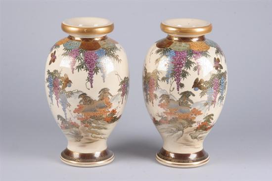 Appraisal: PAIR OF JAPANESE SATSUMA VASES Showa period Pagoda bird and