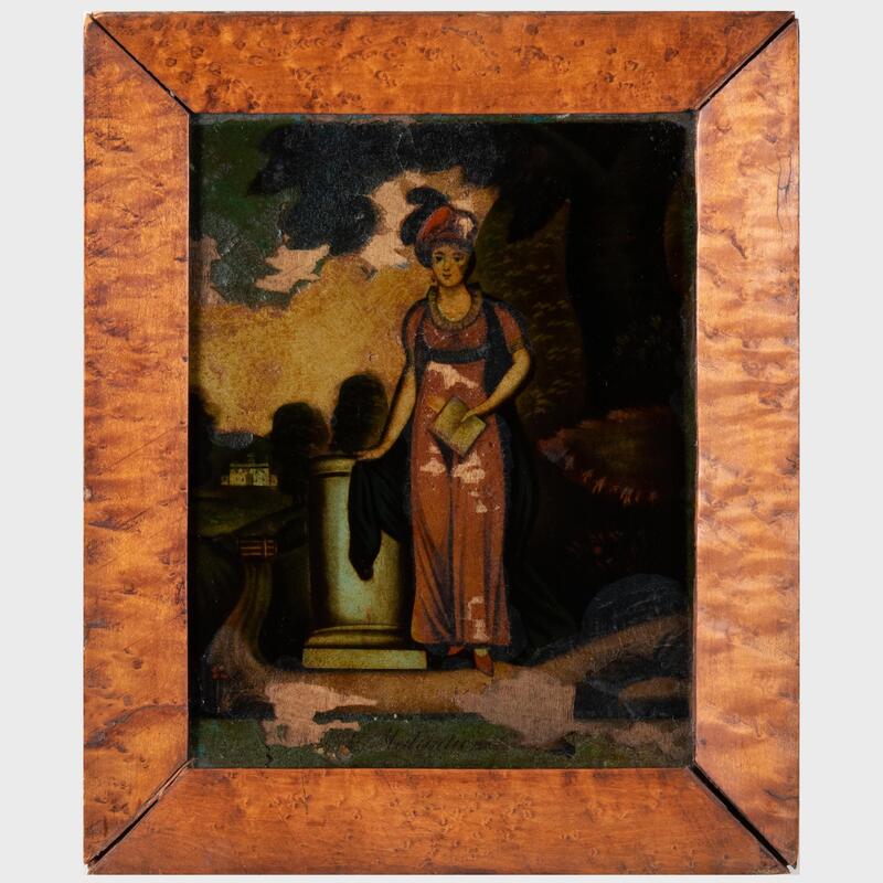 Appraisal: Reverse Painting on Glass Together with a small oak mirror