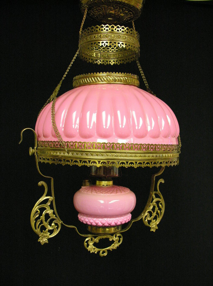 Appraisal: RARE PEACH BLOW HANGING OIL LAMP WITH SHADE glossy finish