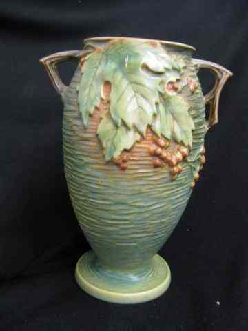 Appraisal: Roseville ''Bushberry'' Art Pottery Vase green handled - '' excellent