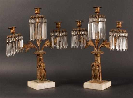 Appraisal: Pair of Victorian brass marble and drop prism three-light girandoles