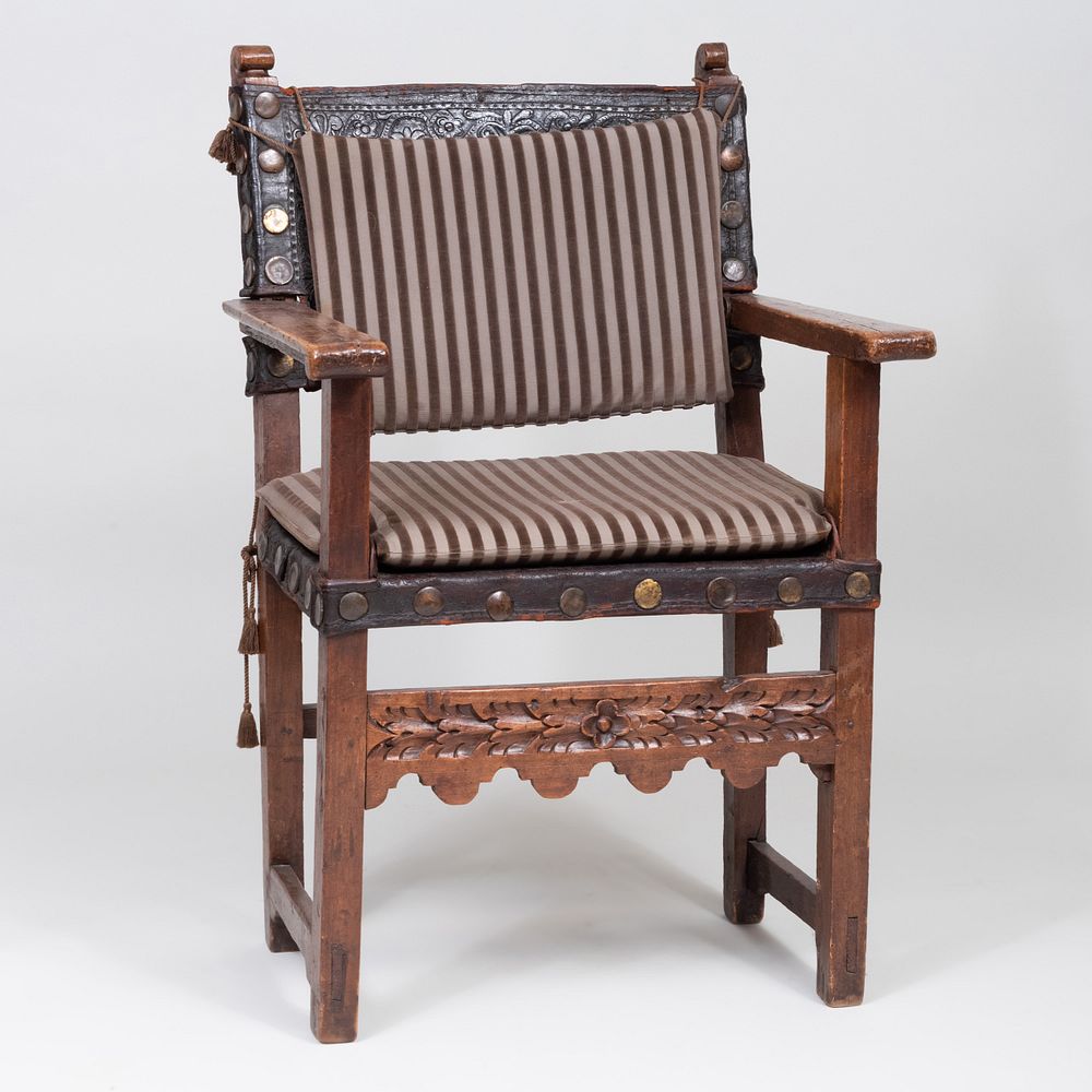 Appraisal: William and Mary Oak and Embossed Leather Armchair x x