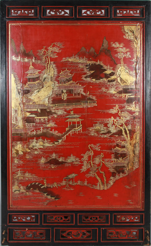 Appraisal: CHINESE RED LACQUER AND PARCEL-GILT PANEL x in Estimate -