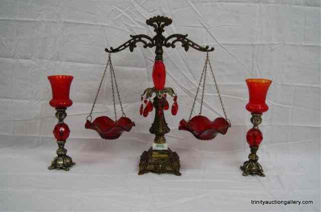 Appraisal: Vintage Ruby Red Glass Brass Console SetFrom the estate is