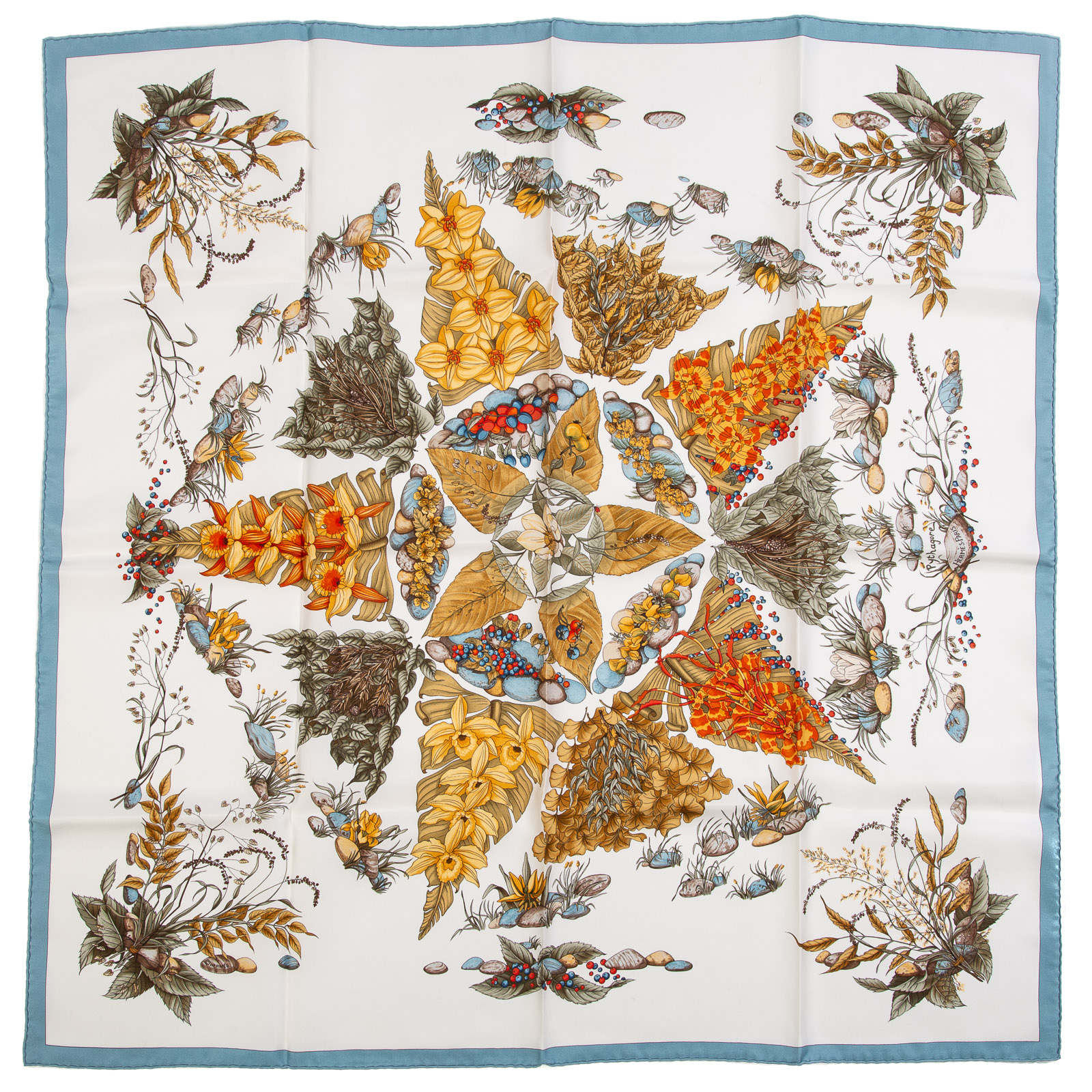 Appraisal: AN HERMES PYTHAGORE SCARF Blue and multicolor Hermes cm silk