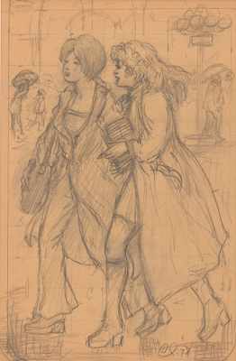 Appraisal: Clyde J Singer American - Girls Walking Pencil on kraft