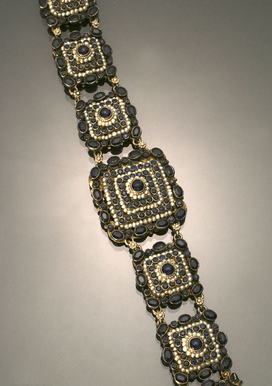 Appraisal: European Gilt Silver Blue Sapphire and Seed Pearl Bracelet Circa