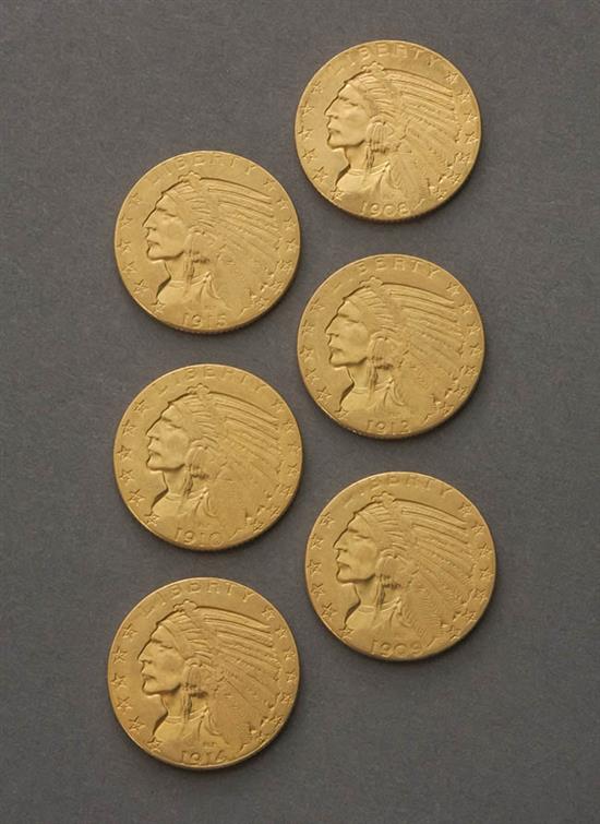 Appraisal: Six U S Indian Head Five-Dollar Gold Coins Dated -D