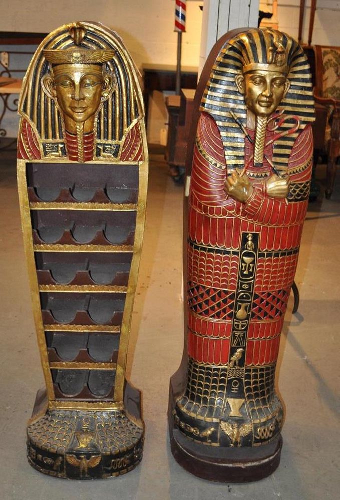 Appraisal: Pair Polychrome Sarcophagus Form Bar Cabinets one with bottle rack