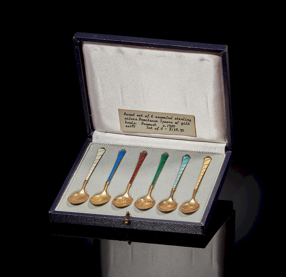 Appraisal: Boxed Set Sterling Enameled Demitasse Spoons Boxed set of six