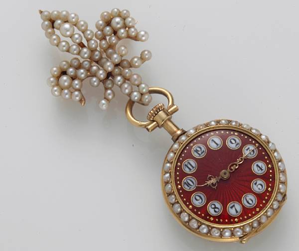 Appraisal: An enamel and pearl lapel watch with fleur de lys