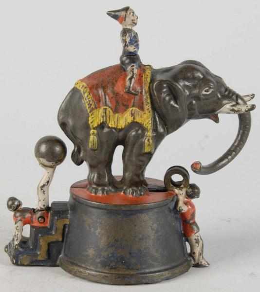 Appraisal: Cast Iron Elephant Clowns Mechanical Bank Description Manufactured by J