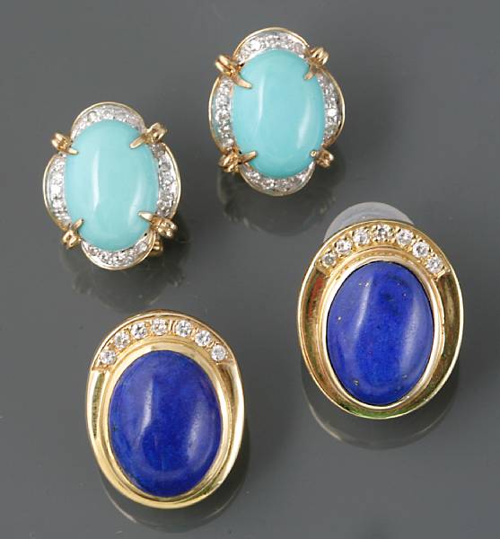 Appraisal: A collection of lapis lazuli turquoise diamond and gold ear-clips