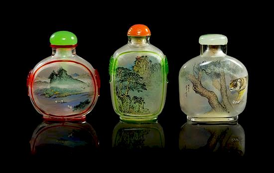 Appraisal: Three Inside Painted Glass Snuff Bottles Height of tallest inches