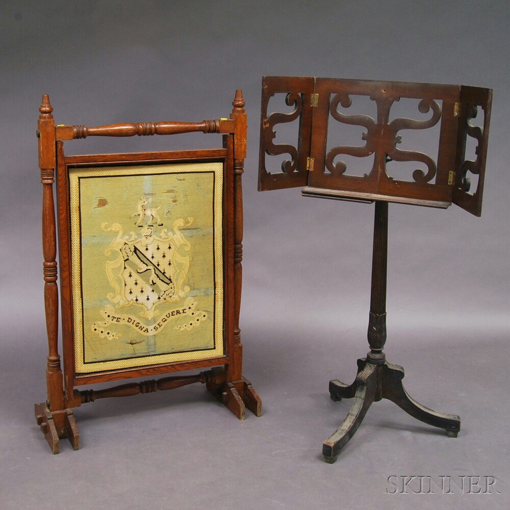 Appraisal: Victorian Oak Needlepoint Firescreen and a Carved Dictionary Stand the