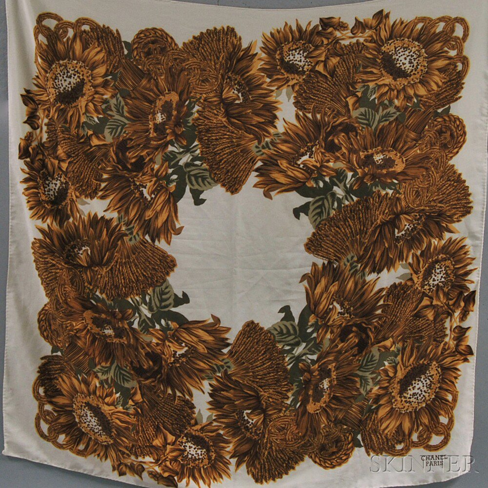 Appraisal: Chanel Ivory and Gold Sunflower Silk Scarf with blooming sunflower