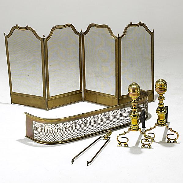 Appraisal: FIREPLACE ACCESSORIESFive pieces pair of Empire andirons screen fender and