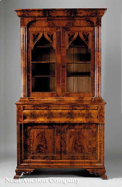 Appraisal: A Fine American Gothic Highly Figured Mahogany Desk and Bookcase