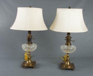 Appraisal: Antique Brass Crackled Glass Lamps Pair Antique brass neck and