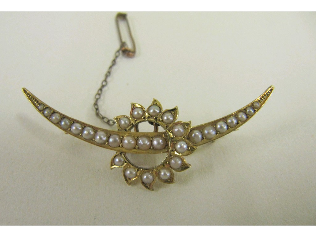 Appraisal: Victorian ct gold seed pearl set crescent brooch in original